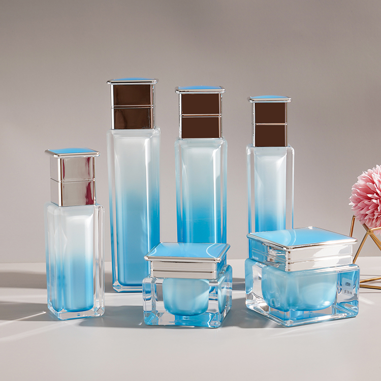 Custom Luxury Square Straight Body Blue Cream Jar and Lotion Bottle