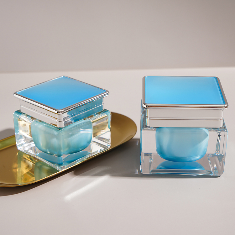 Custom Luxury Square Straight Body Blue Cream Jar and Lotion Bottle