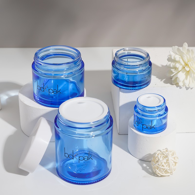 15ml 30ml 50 ml 100ml Face Cream Jars with white Lid Small Round Skincare Packaging Empty Blue Glass Cosmetic Jars