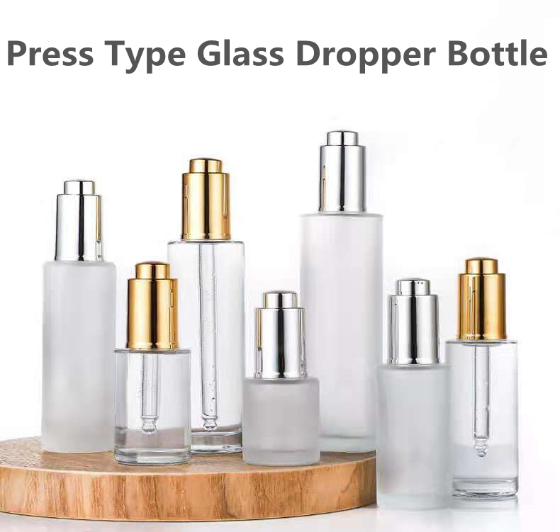 1oz 30ml 20ml 50ml 100ml Flat Shoulder Press button Frosted Empty Essential oil Glass dropper Bottles Serum Bottle