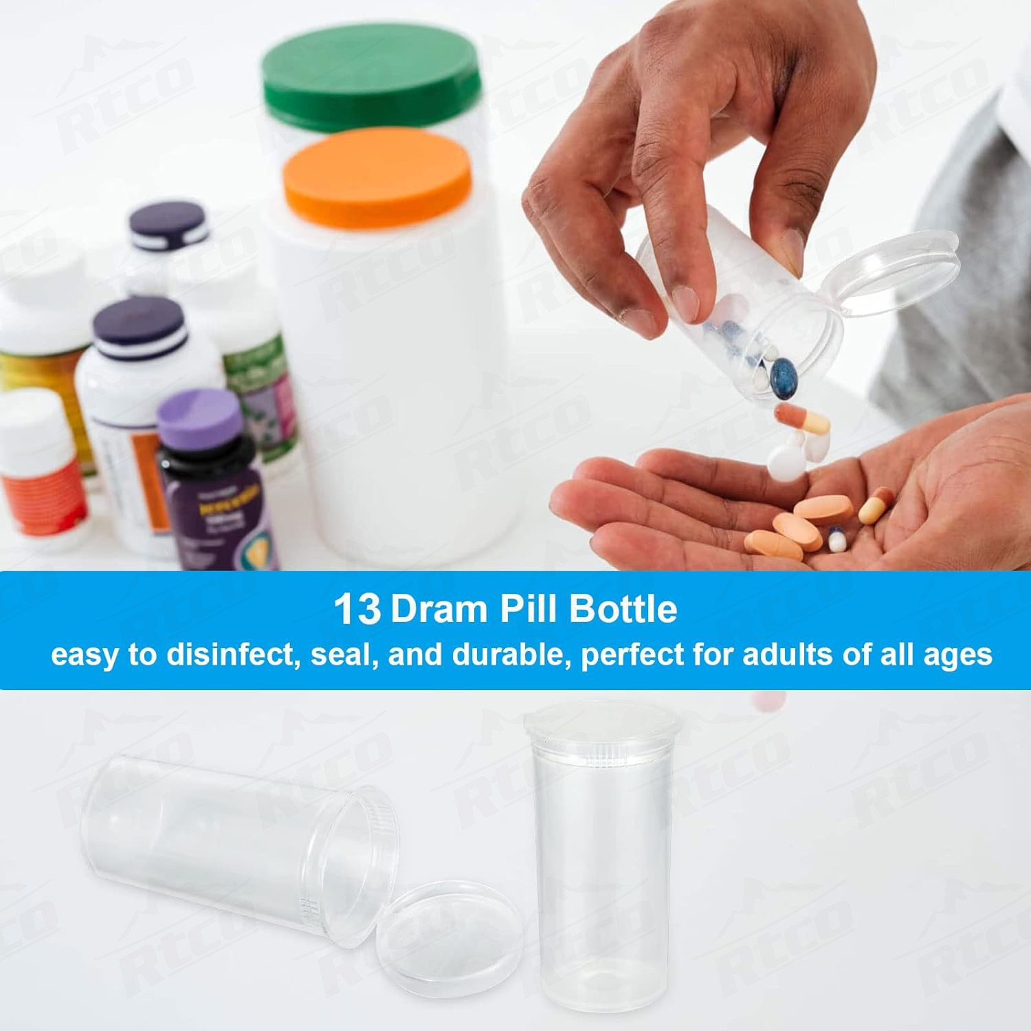 19Dram Gray Green Transparent Plastic Empty Medicine Prescription Vial Waterproof Airtight Joint Pill Bottles with Pop Top Caps
