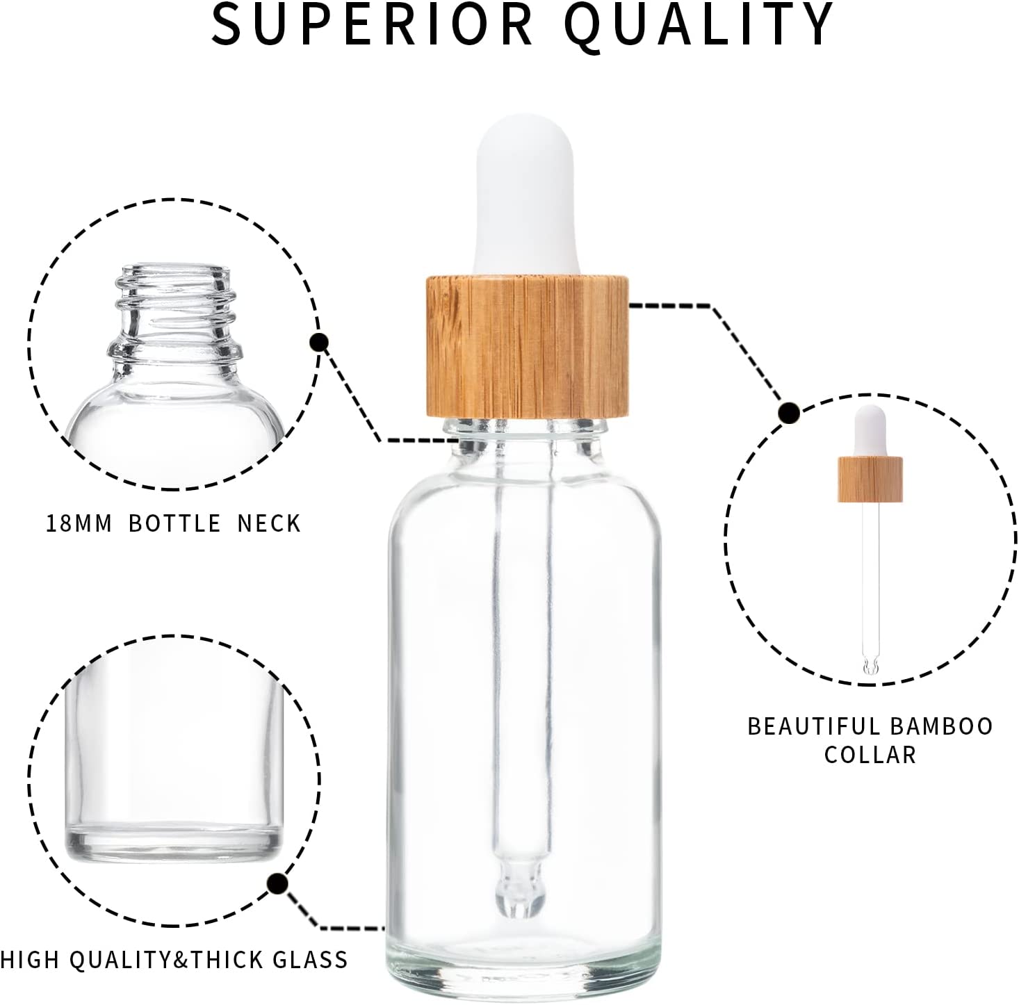 30ml BPA free and Lead-free Reusable and Refillable Cosmetic Packaging Bamboo Glass Essential Oil Dropper Bottles with Lid