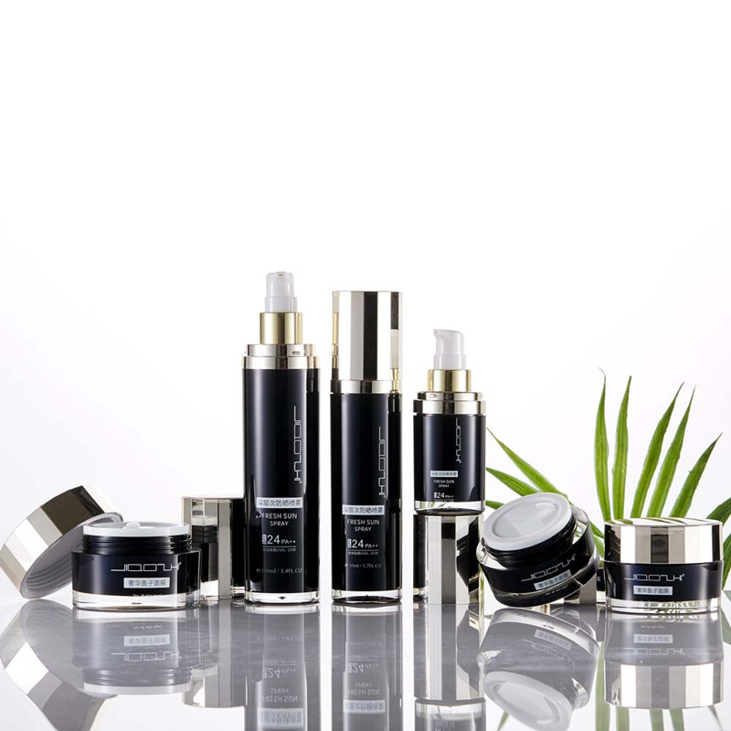 Custom Commercial Luxury Acrylic Double-wall Black Airless pump Bottle and jar sets for skincare packaging