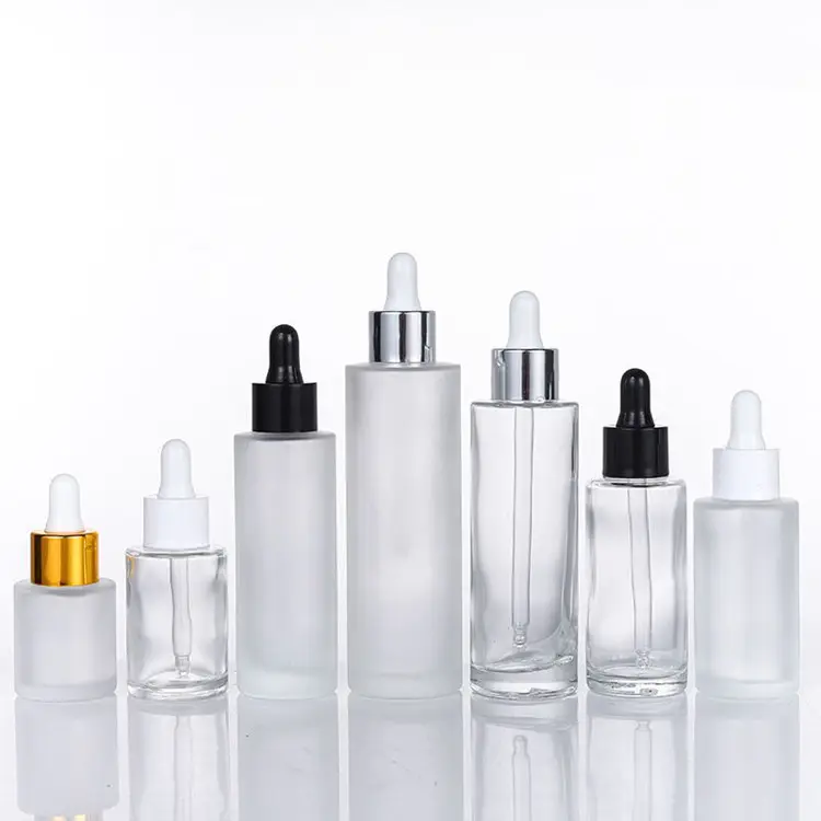 Custom 30ml 50ml Clear Black Flat Shoulder Thick wall Square Base Cosmetic Glass Dropper Bottle for Hair serum essential oil