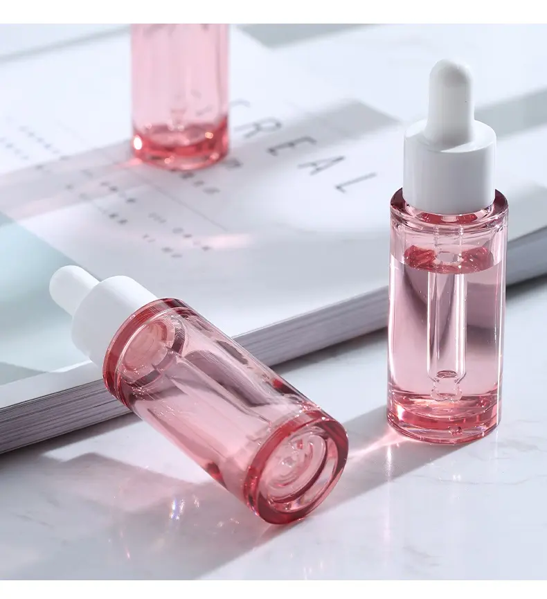 Custom 30ml Straight Shoulder Clear Frosted Pink PETG Plastic Essential Oil Dropper Bottle Packaging for Cosmetic Skincare Serum